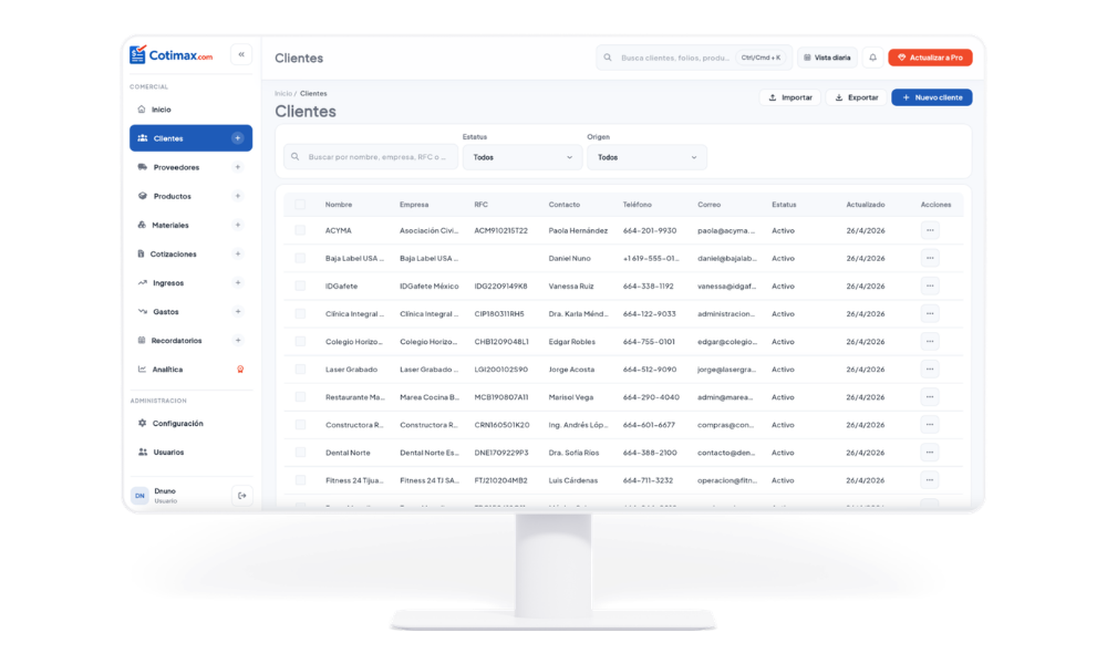 Módulo de clientes en Cotimax para registrar contactos y cotizaciones