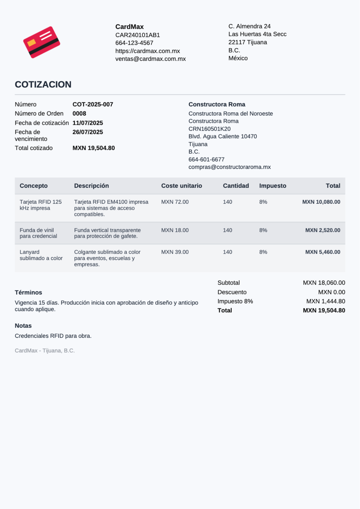 Cotización en Cotimax (captura 1)