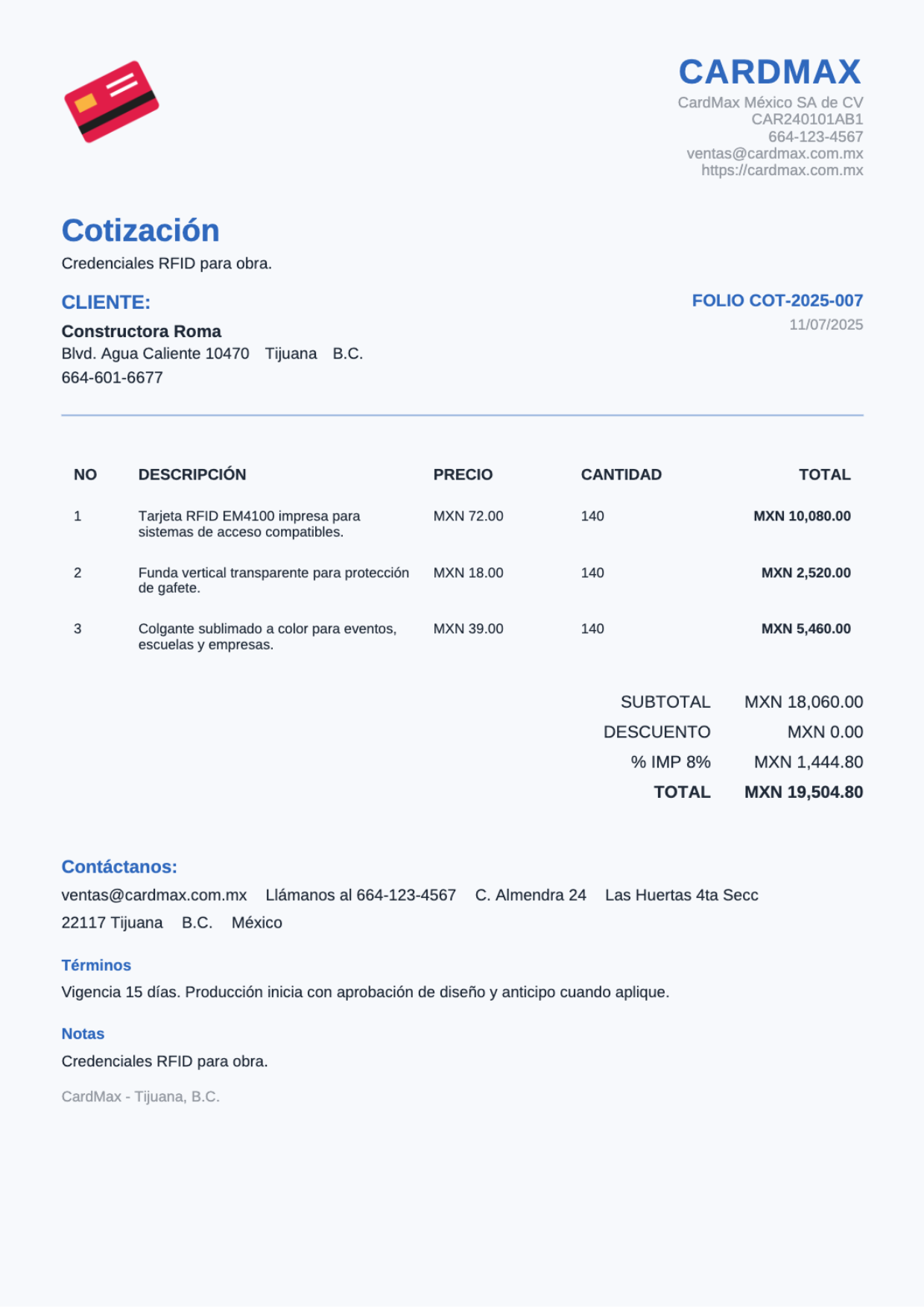 Cotización en Cotimax (captura 3)
