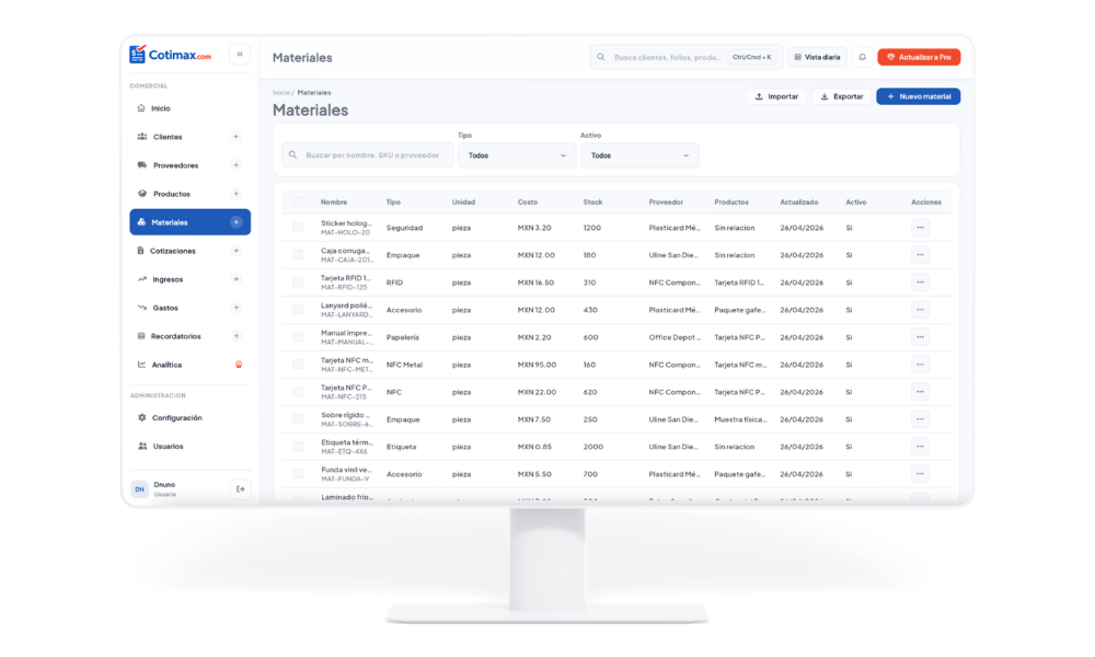 Detalle de material en Cotimax con costo unitario, unidad y proveedor