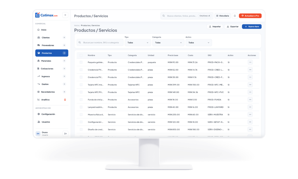 Módulo de productos y servicios en Cotimax para crear catálogos y cotizaciones