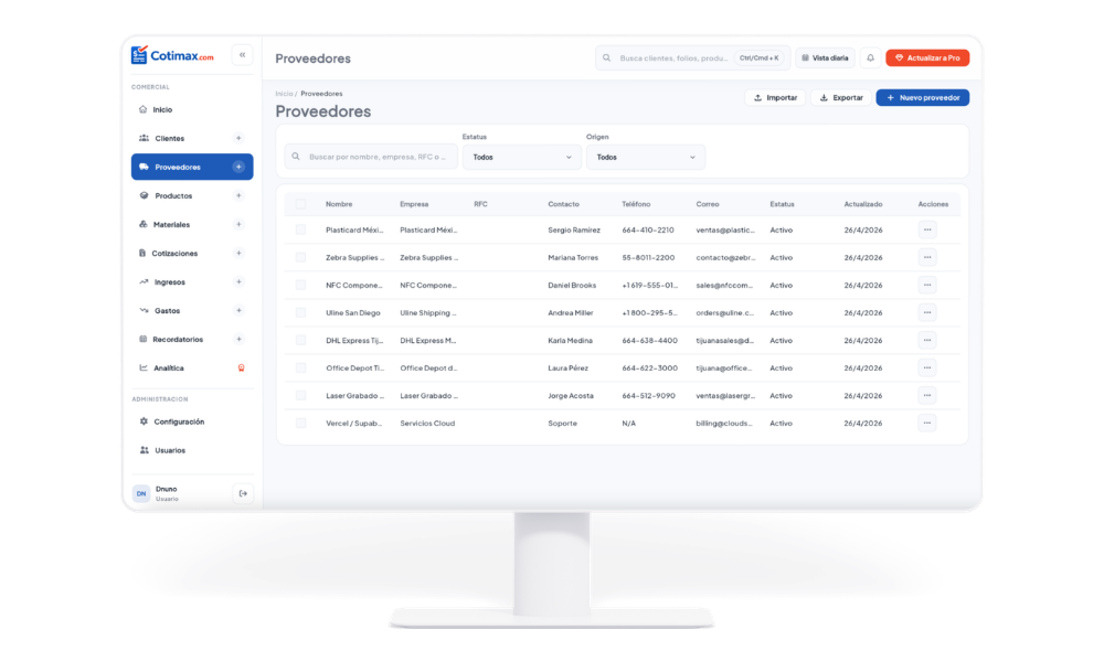 Módulo de proveedores en Cotimax para registrar contactos, materiales y costos